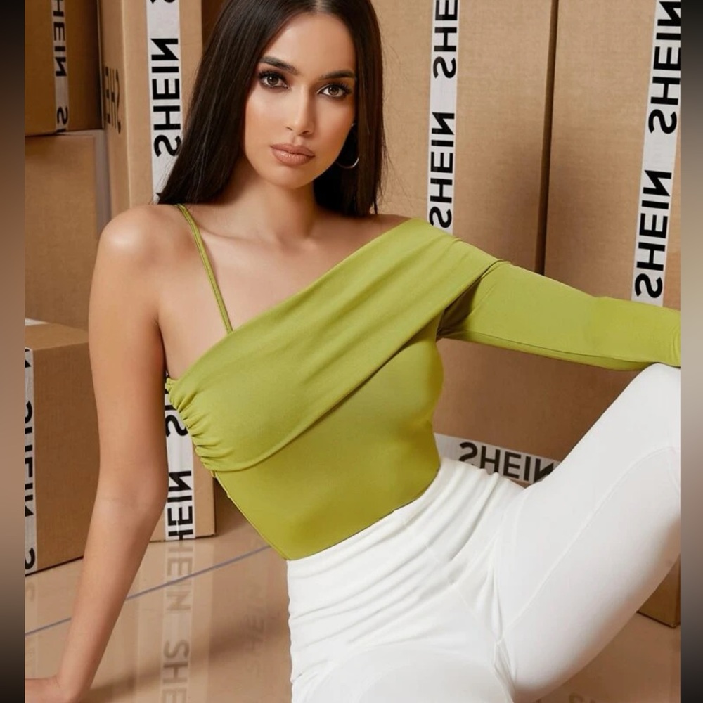 Olive green asymmetrical neck top